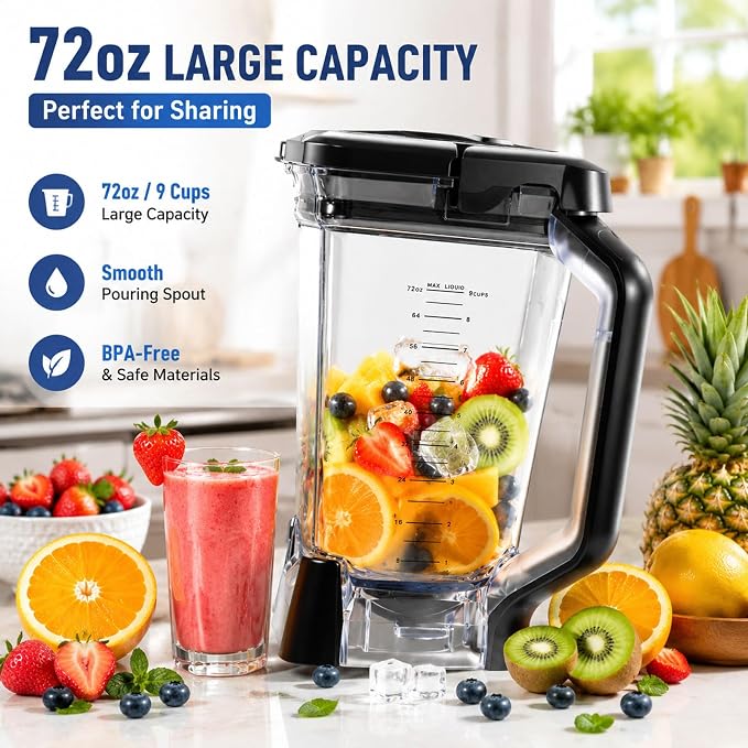 72oz Replacement Pitcher for Ninja BL610 BL710 CT610, BPA-Free Lid | 6-fin base. Dishwasher safe, BPA-free. Compatible with BL610 BL710WM CT610 series. For smoothies & sauces.