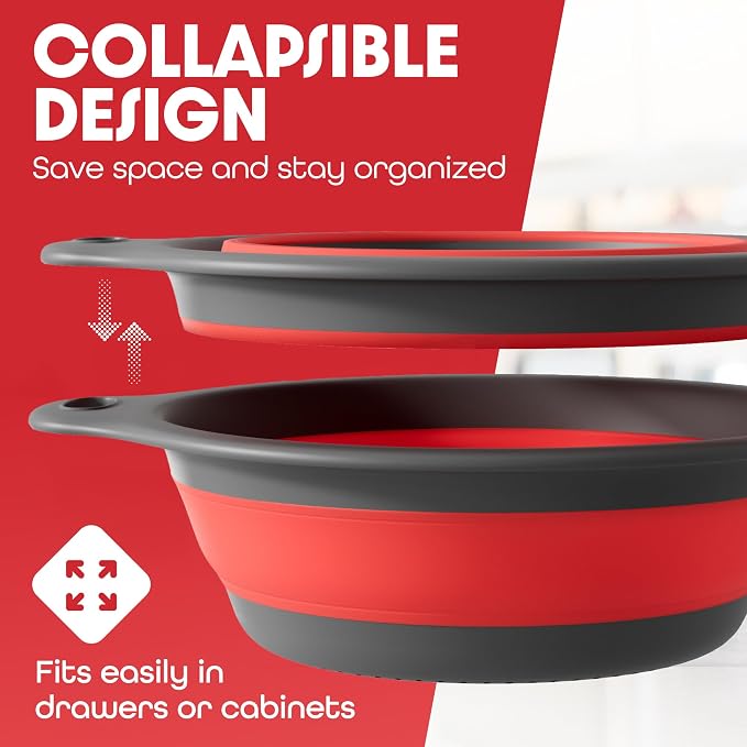 Strainer with Self-Draining Base (5QT) Over-Sink Collapsible Kitchen Colander Set with Side-drain Base for Pasta Vegetables and Fruit, XL Large Capacity, Dishwasher Safe (5-Quart) Red/Gray