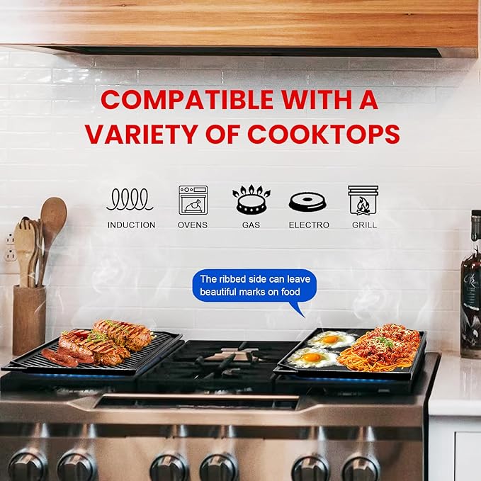 GGC Reversible Cast Iron Griddle, 16.5" x 9.5" Rectangular Griddle Pan | Double Sided Griddle Pan Perfect for Gas Grills, Stove Tops and Outdoor Cooking, Baking Flat and Ribbed Griddle Plate