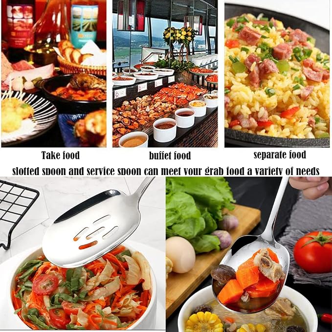 Extra Large Serving Spoons Set,18/8 Stainless Steel Slotted Spoon and Serving Spoon,9.8 Inch Buffet Spoons Set,Tabletop Flatware Utensil (2pack)