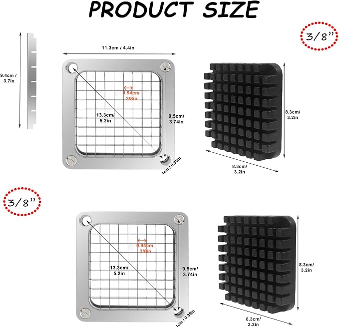 2Pcs 3/8''Commercial Vegetable Replacement Chopper Blade | Replacement Chopper Dicer Stainless Steel Blade and Pusher Block for Fruit Cutting Machine Tomato onion French Fries Cutter
