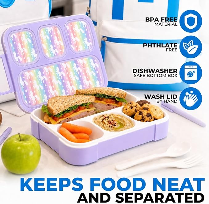 kinsho Bento Lunch Boxes for Kids, Meal and Snack Containers for Boys Girls for School, 4 Compartments, Utensils, BPA Free (Purple Rainbow Unicorn + Blue Camo, 2 Pack Set)