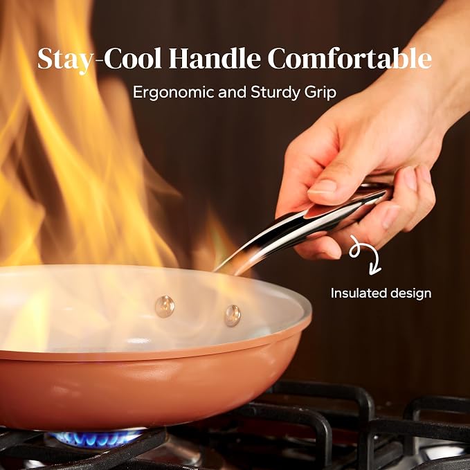 Redchef Nonstick Ceramic Frying Pan Set, Induction Compatible Skillets with Stay Cool Handles & 3 Cork Storage Pads,PFOA PFAS PTFE Free, All stovetop suitable, Oven Safe, Pumpkin Orange（8+9.5+11"）