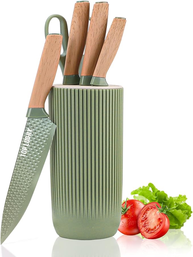 Kitchen Knife Set, Retrosohoo 6-Pieces Green Sharp Knife Set for Kitchen, Non-stick Non-slip Stainless Steel Chef Knife Set with Universal Knife Block Suitable for Home Restaurant (Green)