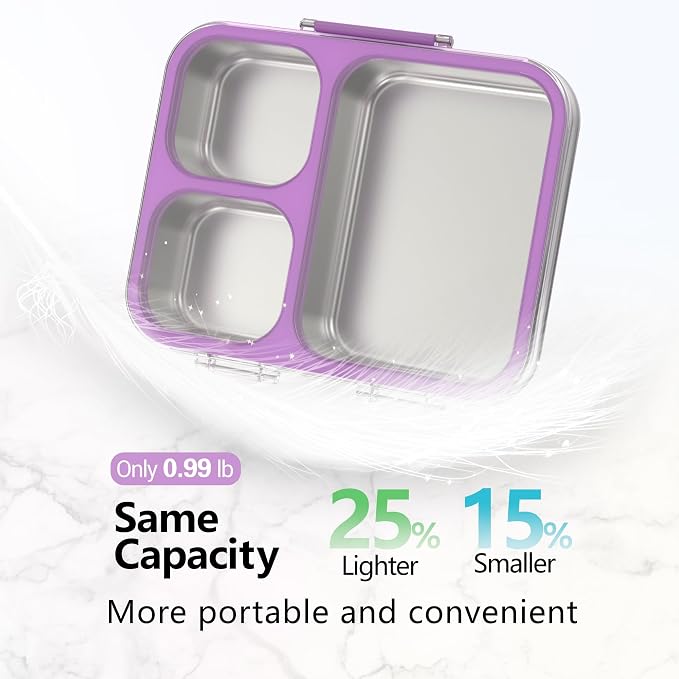 HOMEKOL Stainless Steel Bento Lunch Box 3-Compartment, 4.2Cups, Purple | Leak-Proof Metal Lunch Container for Kids & Adults, BPA-Free, Dishwasher Safe, Clear Tritan Lid, 1000ml (Not Insulated)