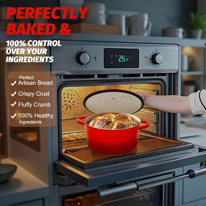 5QT Enameled Cast Iron Dutch Oven for Bread Baking with Lid, Sourdough Baking Supplies with Proofing Basket, Bread Making Tools Set, Heavy-Duty Cookware for Braising, Stews, Roasting(Red)