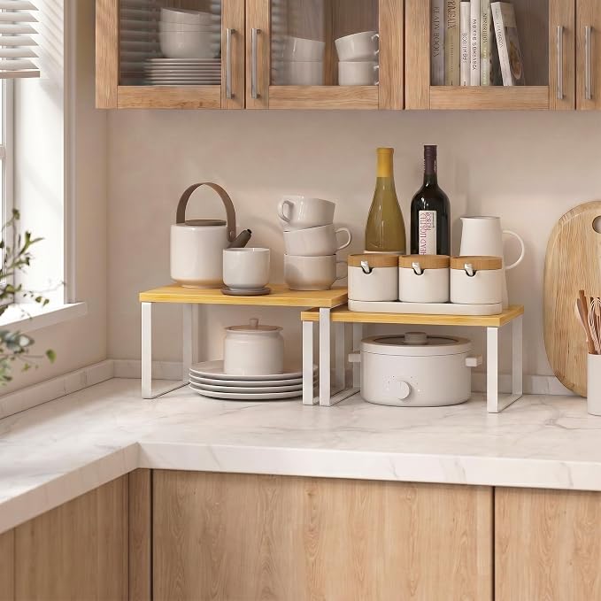 Kitchen Cabinet Organizer Shelf, Set of 4 Wood Kitchen Counter Shelves Riser with Metal Legs, Stackable Expandable Kitchen Storage Spice Rack, Can Cup Dish Organizer, Bamboo
