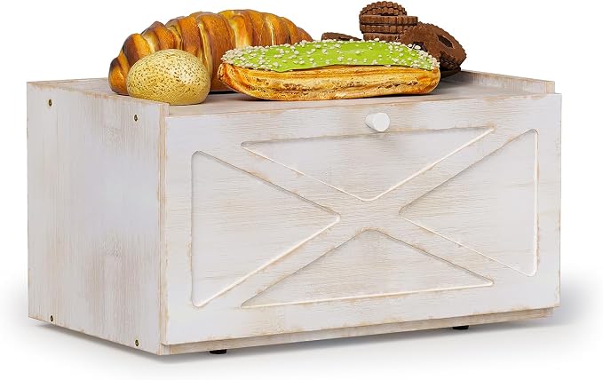 Trironsun Bamboo Bread Box for Kitchen Counter Farmhouse Bread Storage Container Large Capacity Bread Storage Bin Bread Holder (Antique White)