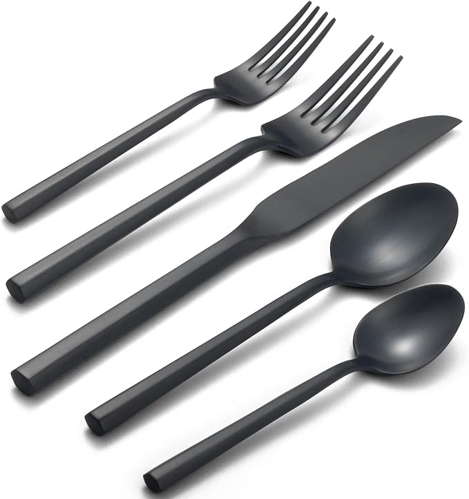 Alata Hexagon Black 20-Piece Forged Silverware Set Stainless Steel Flatware Set,Service for 4,Matte Satin Polished Cutlery Set,Dishwasher Safe