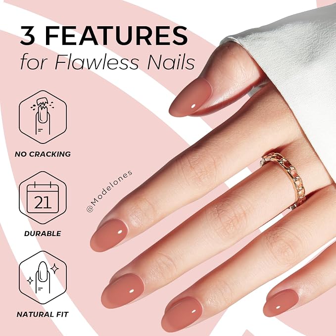 modelones Sheer Milk Tea Short Press on Nails, Oval Fake Nails Kit | Semi-Transparent Press Ons with Nail Glue, Adhesive Tabs, Nail File, Prep Pad, Manicure Stick, 32Pcs 16 Sizes, Women Gift