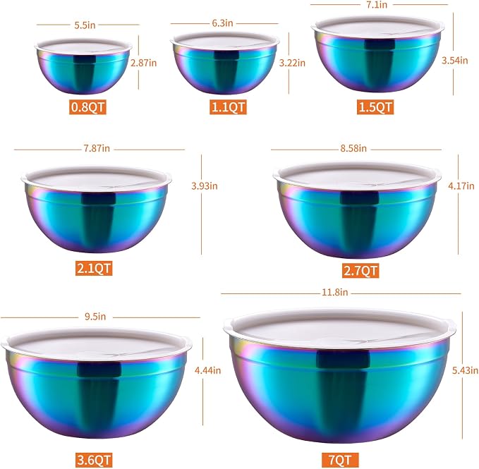 Rainbow Mixing Bowls With Airtight Lids,Stainless Steel Bowl,Salad Bowls 7 Piece Colorful Nesting Bowl Rainbow Kitchen Accessories,Size 7,3.6,2.7,2.1,1.5,1.1,0.8QT Stackable Design