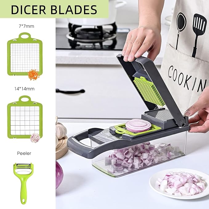 Vegetable Chopper: 16 in 1 Food Chopper - Onion Vegetable Slicer Cutter Dicer, Veggie Cutter with Container, 7 Blades, Kitchen Gadgets for Carrot Salad Garlic Potato Slicer (Grey)