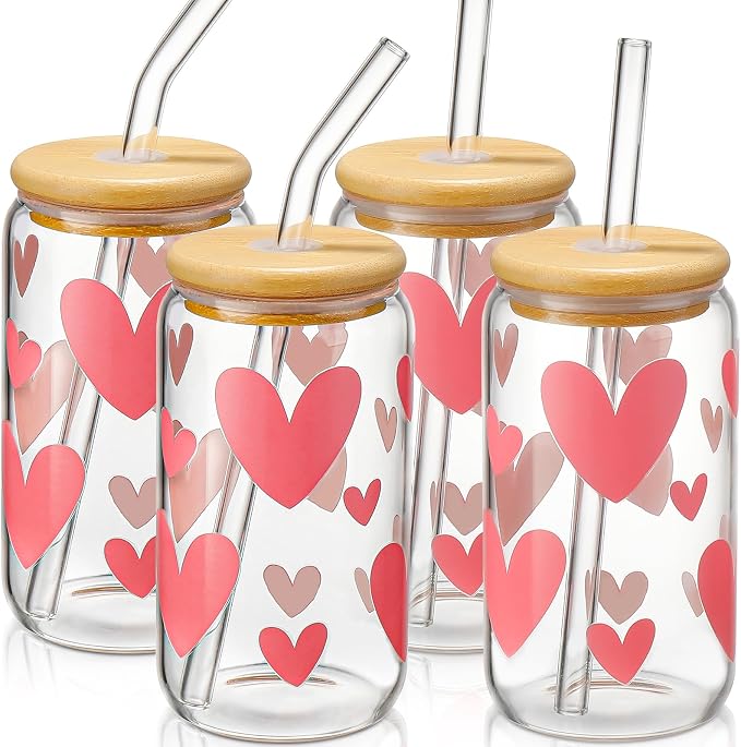 DWTS DANWEITESI Glass Cups with Lids and Straws with Design Pink Hearts 4 pcs,Clear Glass Cups 16 oz-Glass Tumbler,Cute Glass Iced Coffee Cups with Lids and Straws 480ml