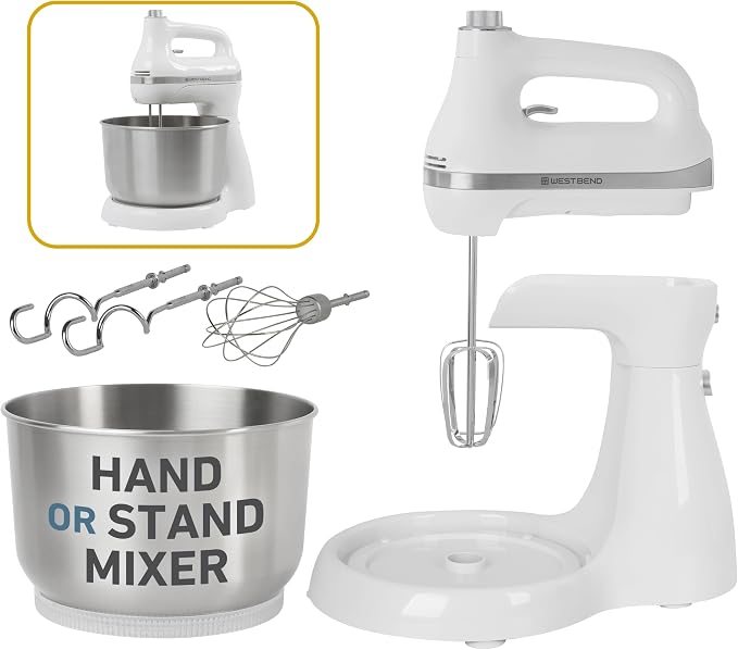 West Bend Two Sweet 2-in-1 Hand & Stand Mixer, 11 Speeds with Turbo Boost, 4.4 Qt Rotating Bowl, Dough Hooks, Beaters & Whisk, Tilt-Head Design, 550 Peak Watts, White