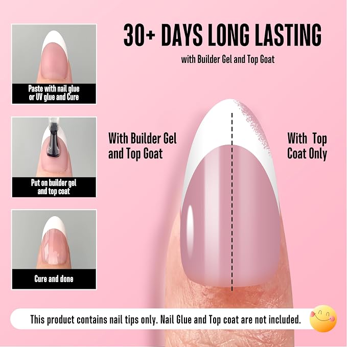 NOVO OVO White French Tip Almond Nail Tips Press on BERRY PINK, Extra Thick Medium Soft Gel Fake Nail Acrylic Extension, Need Builder Gel Top Coat, No Glue Included, for Salon DIY x 15 Sizes 240 pcs