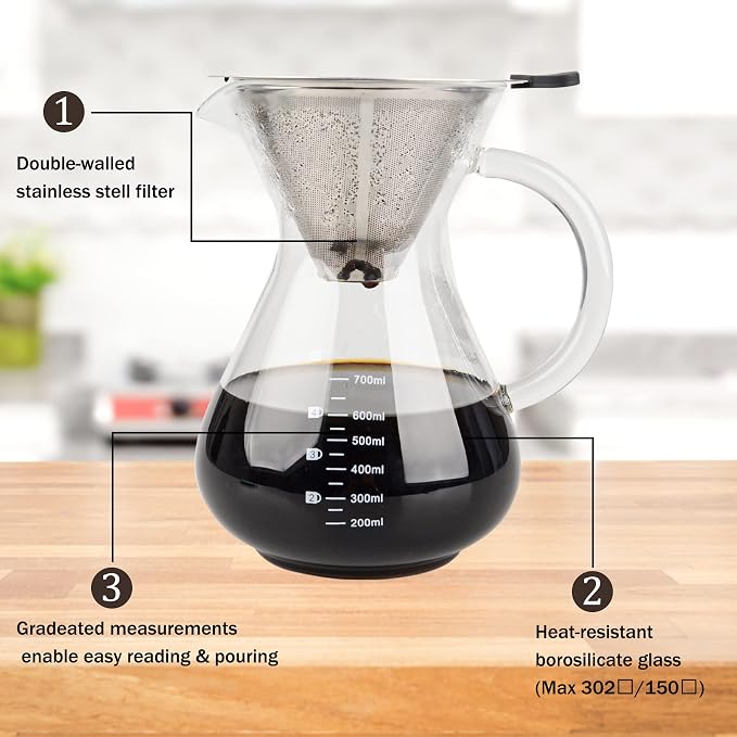 T-mark Double layer reusable stainless steel filter 800ml/27oz | BPA-Free Glass Coffee Carafe, Glass Coffee Maker, Coffee Dripper Brewer.