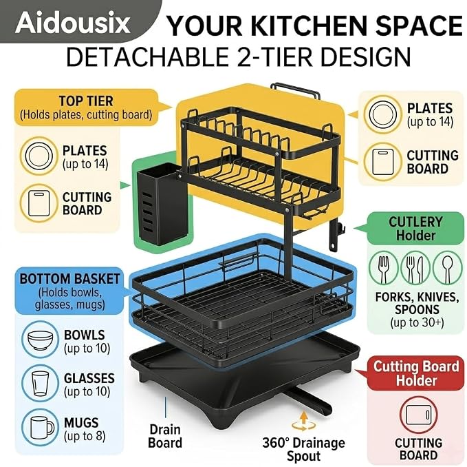 2-Tier Dish Drying Rack for Kitchen Counter, Large Capacity Dish Drainer with Swivel Spout, Rust-Proof Carbon Steel Utensil Holder and Cutting Board Rack, Easy No-Tool Assembly