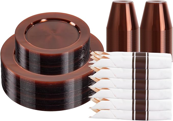 DaYammi 210PCS Clear Amber Plastic Dinnerware Set for 30 Guests, Fancy Disposable Plates for Party, Include: 30 Dinner Plates, 30 Dessert Plates, 30 Pre Rolled Napkins with Silverware, 30 Cups