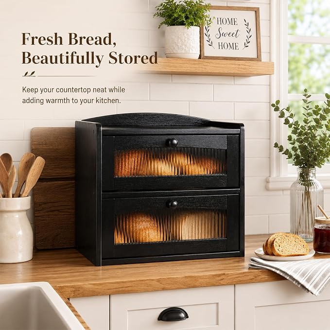 Large Wooden Bread Box for Kitchen Countertop, 2-Tier, Black | Clear Acrylic Window Spacious Bread Storage Farmhouse Style Pantry Organization For Homemade Bread and Bagels