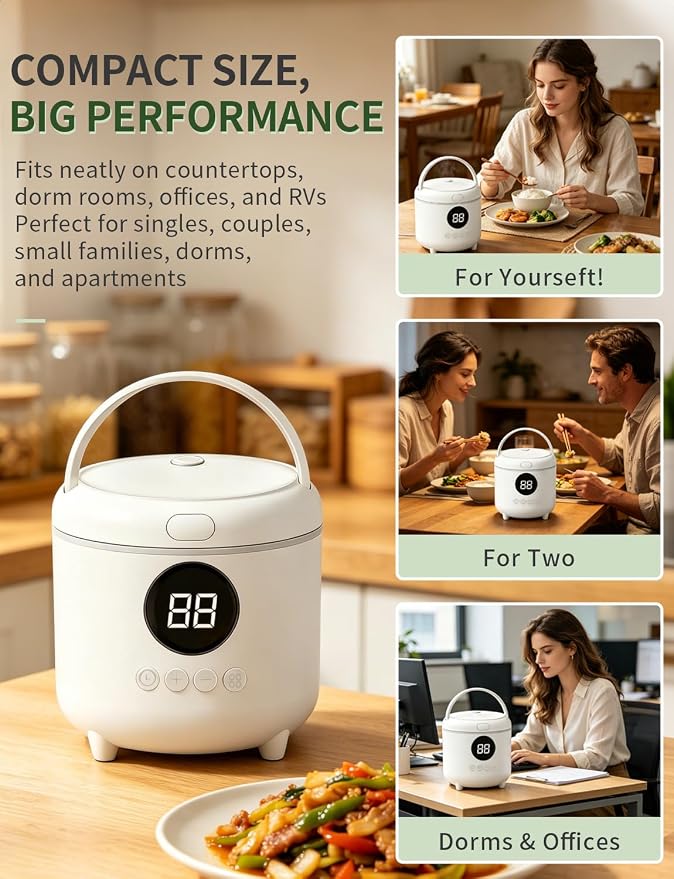 Small Rice Cooker, 3-Cups Uncooked/ 6-Cups Cooked, White | Multifunctional 6 Intelligent Cooking Modes for White Rice, Quinoa, Oatmeal, 1.6L Capacity