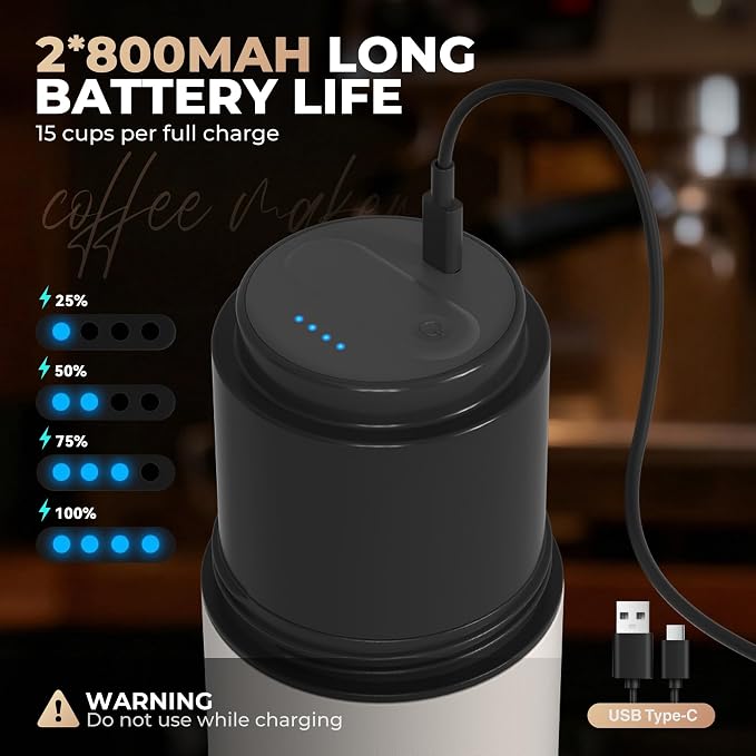 HAUSHOF Camping Coffee Maker, Coffee Grinder for Travel | 15 Cups per Charge;Portable Storage Bag;5 Grind Settings;USB-C Charging