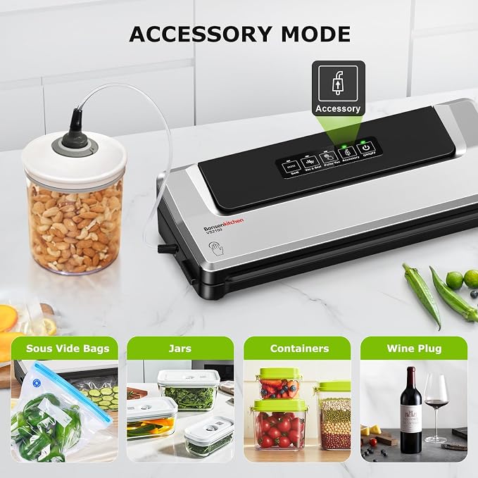Bonsenkitchen Vacuum Sealer Machine, Multiple Modes For Meal Prep,Silver | Compact Vacuum Sealer for Kitchen Storage & Sous-Vide,External Vacuum System,6x Longer Freshness,5 Vacuum Bags