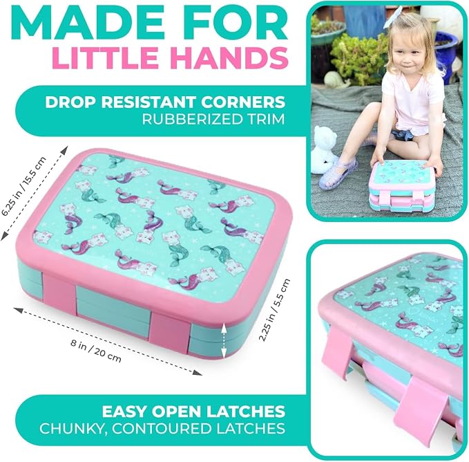 kinsho Bento Lunch Box Set with Thermo Bag & Ice Pack Pink Aqua Cat Mermaid | 5 Compartments, Removable Tray, Small Meal Snack Container for Kids Toddlers, Daycare Pre-School Kindergarten, Steel Food Jar