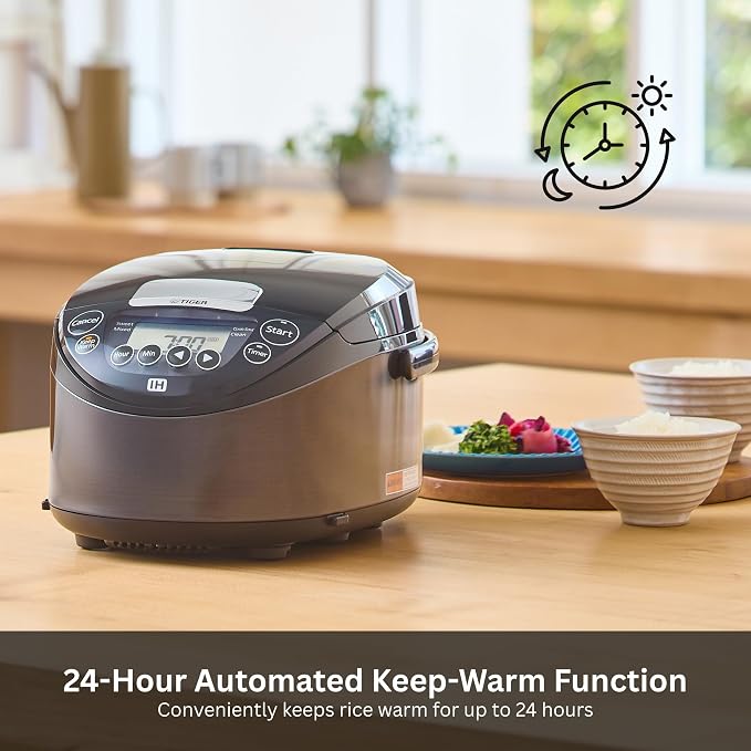 Tiger Jpw H18u Ih Rice Cooker and Warmer, 10 Cup, 14 Presets, Mauve (Black) | 14 menu presets, LCD display, 24-hour keep-warm