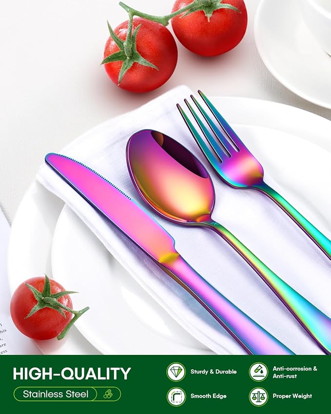PHILIPALA 40 Piece Rainbow Silverware Set, Stainless Steel Flatware Set for 8 Colorful Novelty Flatware Cutlery Utensil Set Include Knife Fork Spoon Food Grade Mirror Polished Dishwasher Safe