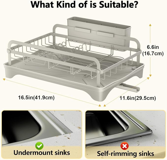 LIYI Dish Rack - Dish Racks for Kitchen Counter, Kitchen Dish Drying Rack Kitchen with Removable Utensil Holder and Drainboard, 16.5" D x 11.6" W x 6.6" H, Grey