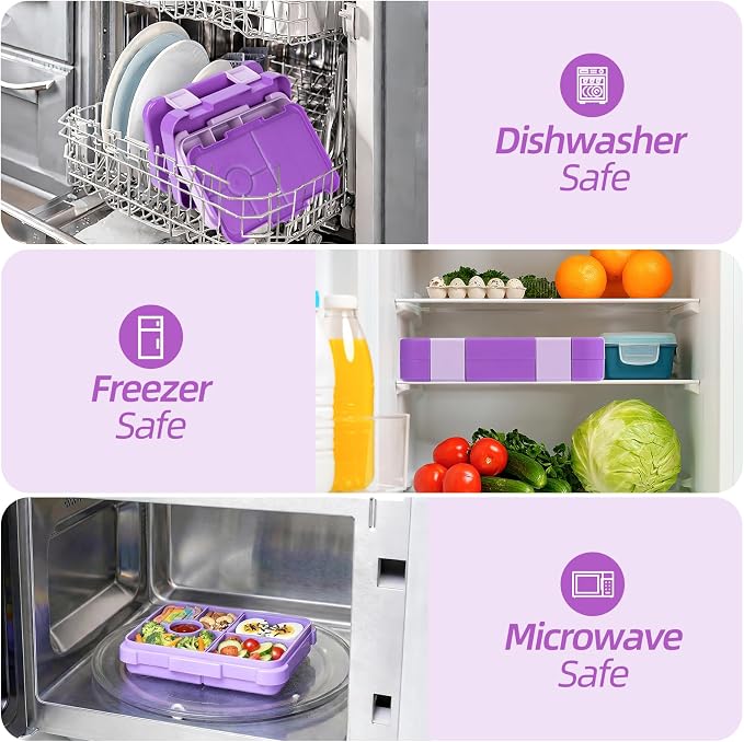Bento Lunch Box for Kids, 5/6 Compartments, 3 Cups, Purple | Dishwasher Safe, Back to School Snack Bento Lunch Containers Boxes, Ideal Portion Sizes for On-the-Go Meal, Ages 3+, School