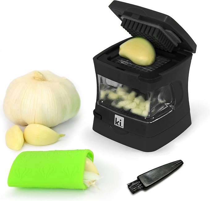 Garlic-A-Peel Garlic Press, Crusher, Cutter, Mincer, and Storage Container - Includes Silicone Garlic Peeler - Easy to Clean - Stainless Steel Blades – (Black), standard