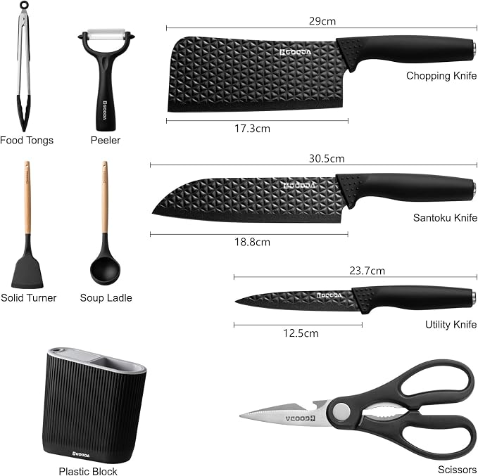 Knife Set with Block,9 Pieces Kitchen Knives and Heat Resistant Silicone Kitchen Utensils Set with Wooden Handle,Ideal Cooking Tools for Kitchen