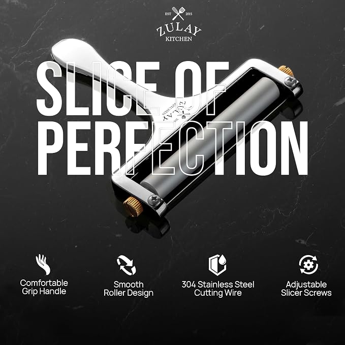 Zulay Kitchen Stainless Steel Wire Cheese Slicer - Adjustable Hand Held Cheese Cutter with 2 Extra Wires - Premium Cheese Knife for Mozzarella, Cheddar, Gruyere - Cheese Cutter with Wire (Silver)