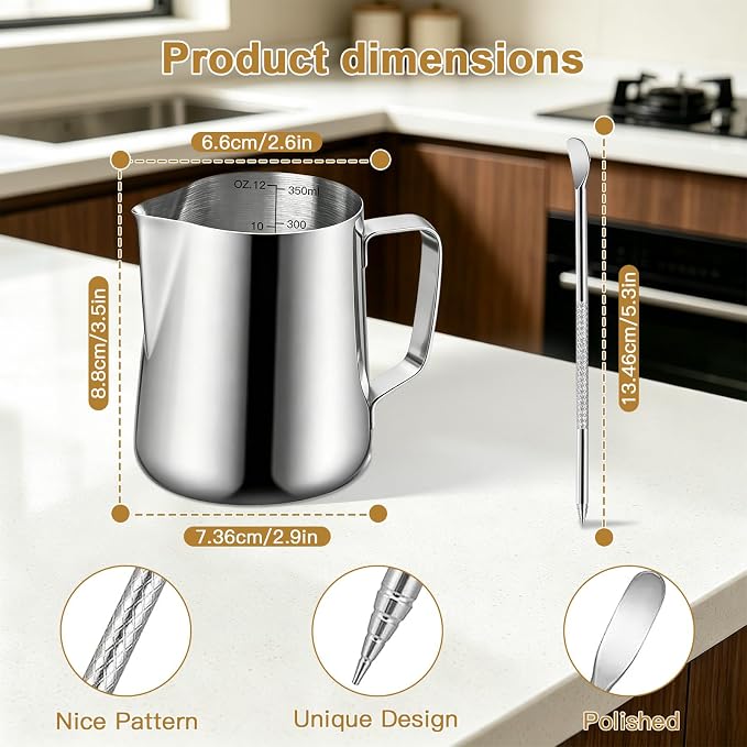 Milk Frothing Pitcher, 12oz Milk Frother Cup with Scale, 304 Stainless Steel Cappuccino Espresso Machine Accessories，for Barista Coffee Bar with Latte Art Pen