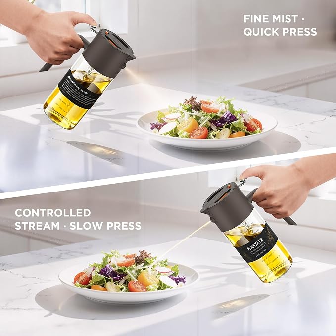 PLAPITATE 17oz/500ml Premium Olive Oil Sprayer for Cooking, 2 in 1 Glass Olive Oil Dispenser Bottle for Kitchen Gadgets, Spray Bottle with Portion Control for Salad, Frying, BBQ (Gray)