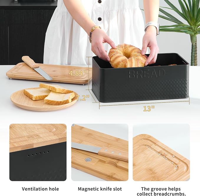 Bread Box for Kitchen Countertop,Metal Bread Storage Bin with Bamboo Cutting Board Lid, Includes Bread Knife, Fits Sourdough & Buns, Stylish Organize (Black)