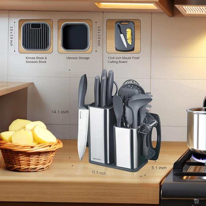 Kitchen Set,18-Piece Cooking Utensils and Kitchen Knife Set,Gray | 7-Piece Kitchen Utensils Heat-resistant to 410°F,5-Piece Sharp Knife,5-Piece Cooking Tools and Cutting Board In One
