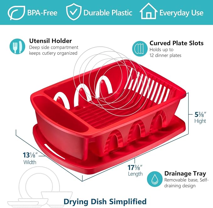 Tribello Sink Dish Drying Rack, Heavy Duty Hard Plastic Sink Set with Drainer (Red)