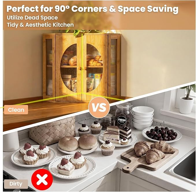 Corner Bread Box for Kitchen Countertop: Bamboo Storage Container for Homemade Bread, Two Layer Breadbox under Cabinet Mount, Large Bread Holder for Kitchen Counter, Pantry Shelf