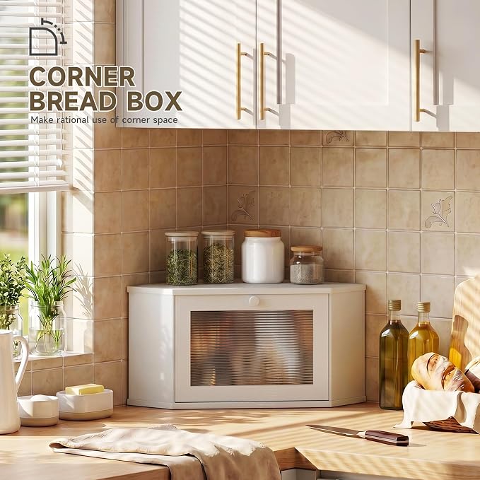 Corner Bread Box For Kitchen Countertop,Bread Storage Bin (White, Medium) | Small Bamboo Bread Container,Corner Shelf For Kitchen Decor