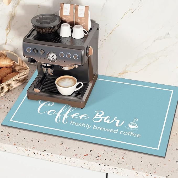 Findosom Dish Drying Mat, 18" x 24" Super Absorbent & Hide Stain Coffee Mat, Cuttable Drying Mat for Kitchen Counter, Coffee Bar Accessories, Under Dish Rack, Coffee Maker, Espresso Machine, Blue
