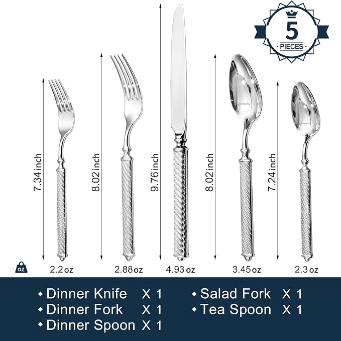 Silverware Set, 5 Piece Flatware Set, 18/10 Stainless Steel | Retro Rope Handles, Hot Forged, Mirror Polished, Dishwasher Safe, Rust Resistant, for Home, Weddings & Housewarming