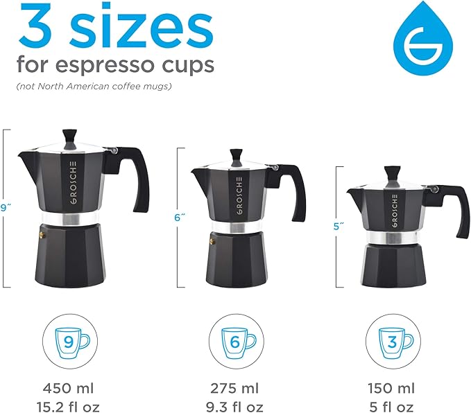 GROSCHE Milano Stovetop Espresso Maker Moka Pot 6 espresso Cup, 9.3oz Black | Cuban Coffee Maker And Italian Moka Pot For Stovetop Espresso; For Gas, Electric, And Propane Stoves With A Soft-Touch Handle