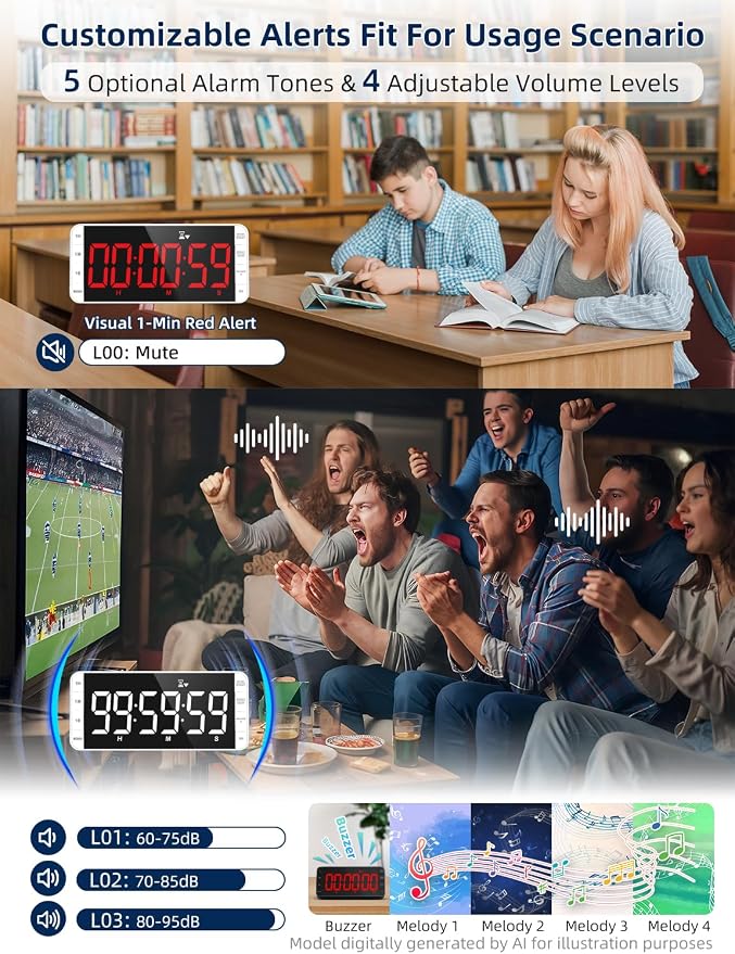 Large 7.8" Digital Timer with LED Display, Magnetic for Kitchen & Classroom | USB-C Rechargeable Timer with 99-Hour Count Up & Countdown, 3 Brightness Levels, 5 Alarm Sounds, 4 Volume Levels for Study