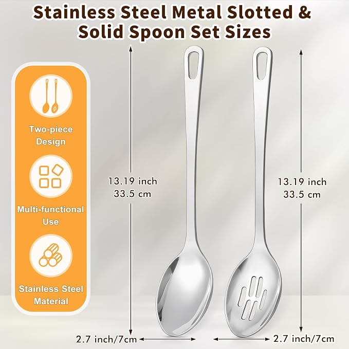 Stainless Steel Cooking Spoon, Slotted Metal Serving Spoon, Heavy Duty Sturdy Large Soup Ladle, High Heat Resistant Kitchen Cooking Utensils for Mixing, Stirring, Ergonomic Handle, Easy to Clean
