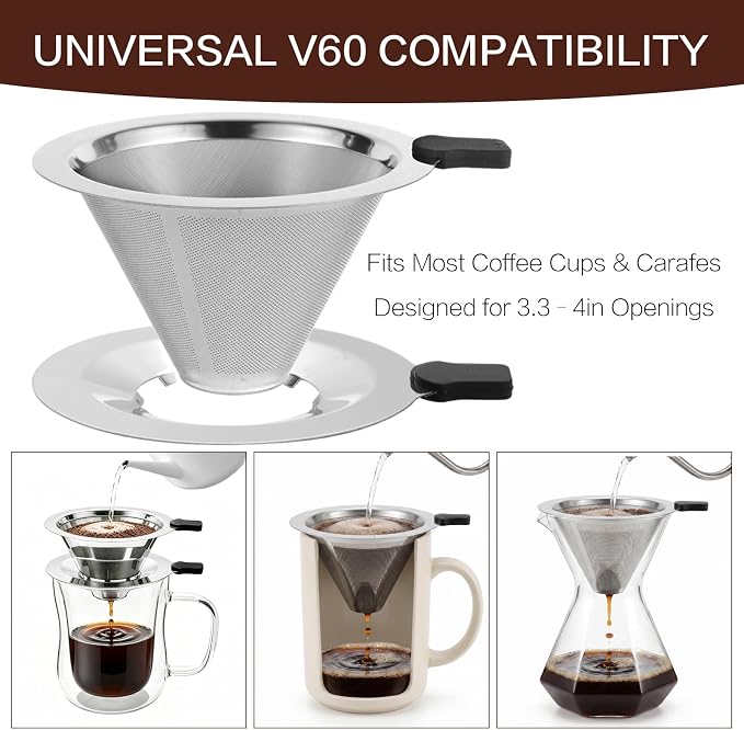 Pour Over Coffee Maker with glass Cup, 2-in-1 Immersion & drip coffee maker, Stainless Steel reusable coffee filter, Fits 3.3–4 Inch Cups, manual coffee brewer for Home Office Travel