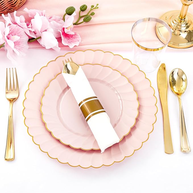 YOUBET 350PCS Pink Scalloped Plastic Plates for Wedding Party | Pink and Gold Disposable Dinnerware Set Include 100 Plates, 150 Gold Silverware, 50 Cups, 50 Napkins