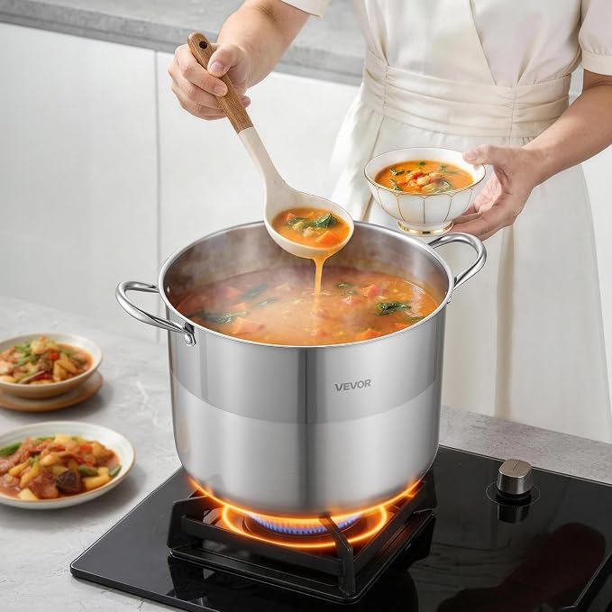 VEVOR Stainless Steel Stock Pot, 16QT Stainless Steel Stockpot with Glass Lid, PFOA-Free, PFAS-Free, Compatible with Gas Stoves, Induction Cooktops, Electric Stoves, for Soups, Stews, and Pasta