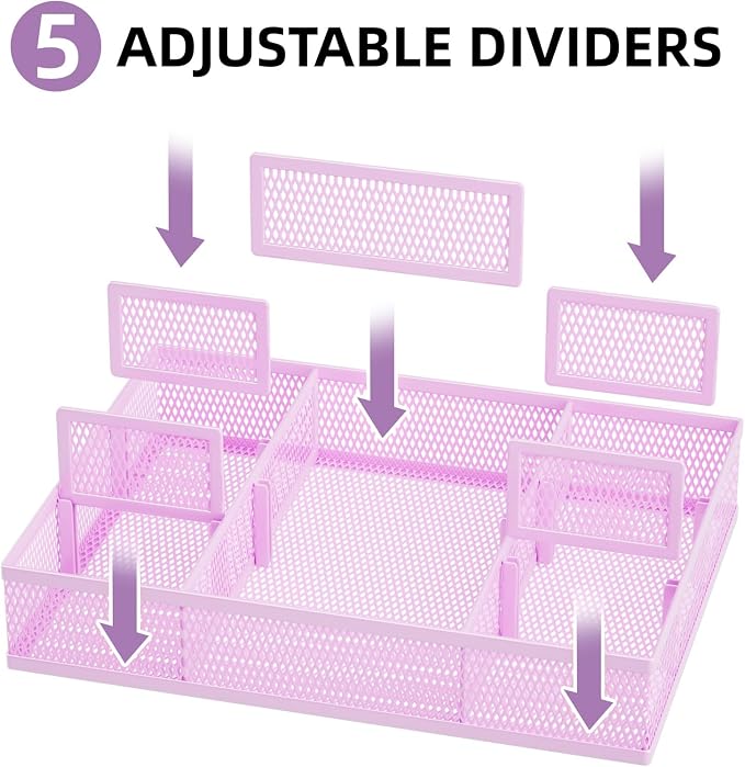 Marbrasse 2 Pack Desk Drawer Organizer, Mesh Drawer Organizer Tray with 8 Adjustable Compartments, Desk Organizers and Accessories, 5 Dividers Drawer for Office Supplies, Makeup & Vanity (Purple)